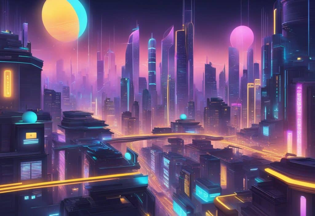 A bustling futuristic cityscape with towering skyscrapers and glowing neon signs, showcasing the technological advancements of Binance Smart Chain