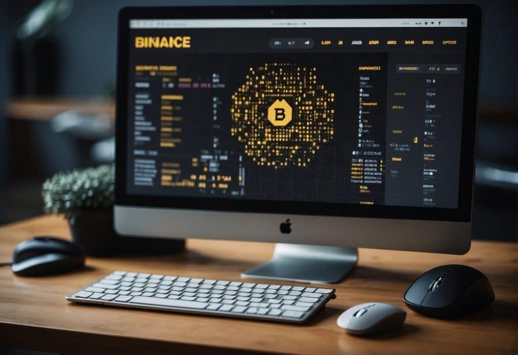 A computer screen displaying the Binance API homepage with code snippets, a keyboard, and a mouse next to it