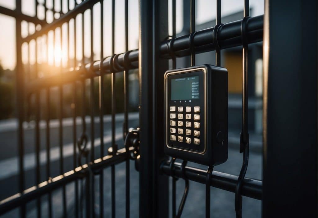 A locked gate with a digital keypad and security camera, symbolizing Binance API security and authentication