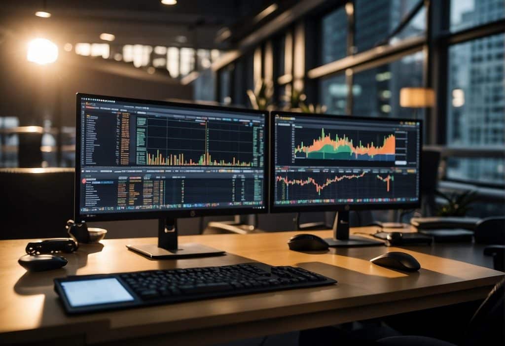 Multiple computer screens displaying live trading data on Binance API. Charts, graphs, and order books visible. Keyboard and mouse in foreground
