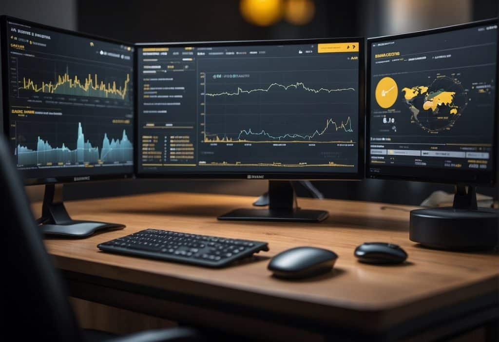 The Binance API features and tools are displayed on a computer screen, with various charts, graphs, and data visualizations