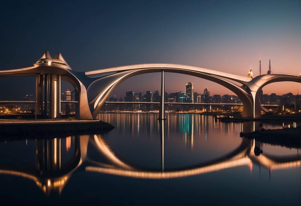 A bridge connects two futuristic cities with sleek, metallic architecture and glowing neon lights reflecting off the calm waters below