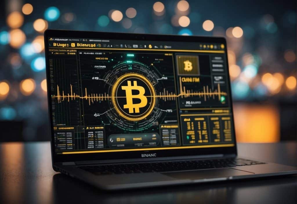 A computer screen displays the Binance Bridge interface with two different cryptocurrency logos being connected by a bridge, symbolizing the seamless transfer of assets between blockchains