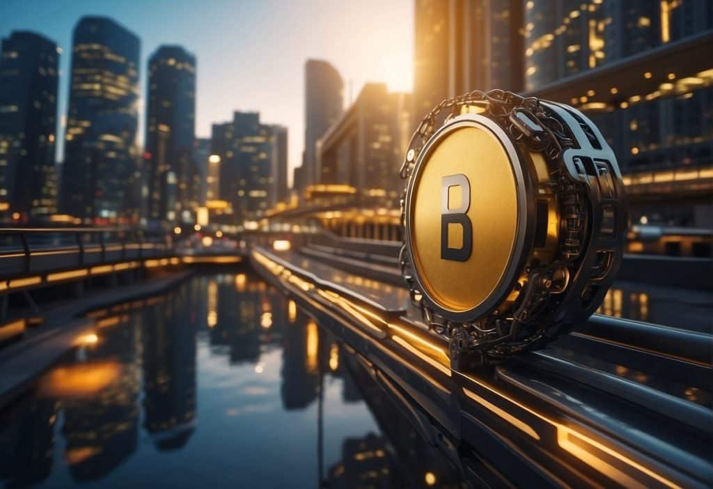 A bustling ecosystem with Binance Smart Chain at its core, connected by the Binance Bridge, bustling with activity and innovation