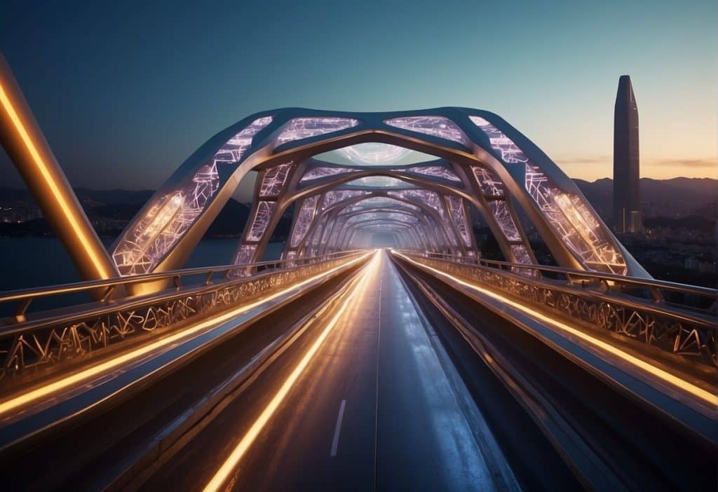 A futuristic bridge connects two parallel worlds, with glowing symbols and intricate patterns adorning its surface. The bridge emanates a sense of advanced technology and innovation