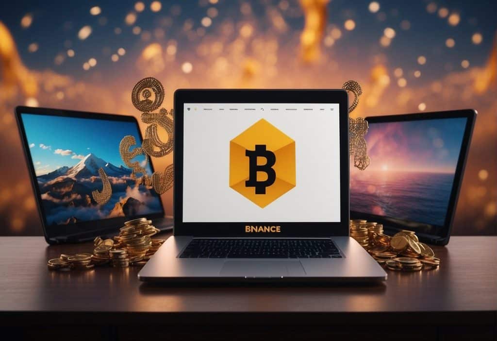 A computer screen with the Binance Smart Chain and Metamask logos, surrounded by floating question marks