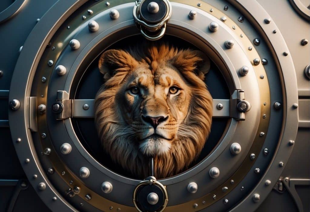 A secure vault surrounded by a shield with a padlock, guarded by a vigilant lion