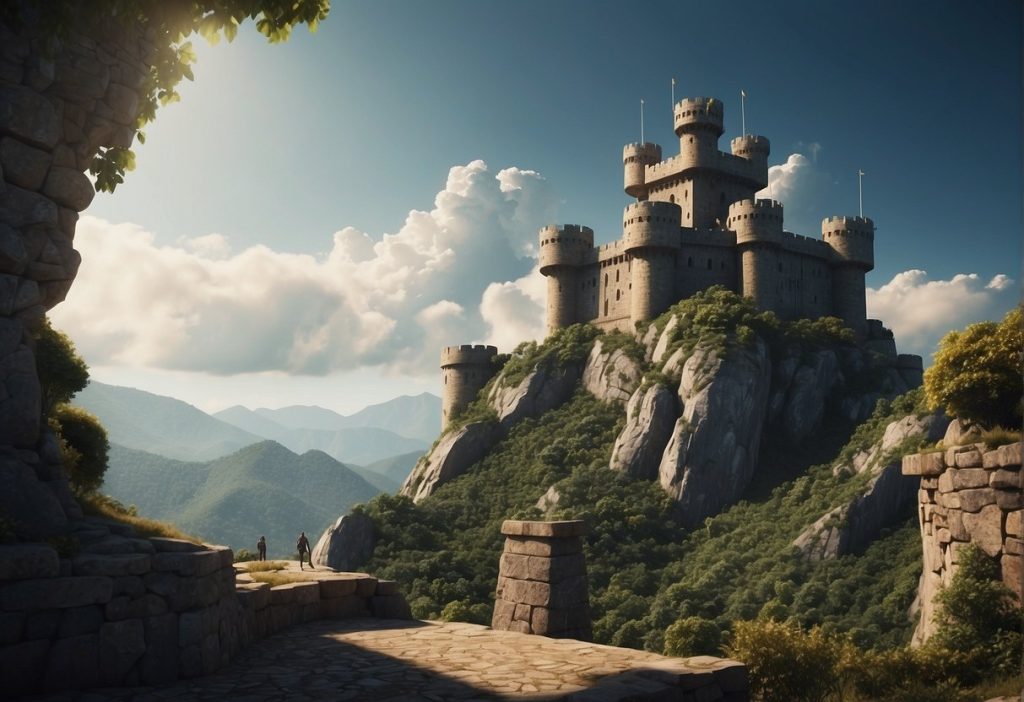 A strong, impenetrable fortress with a towering platform, guarded by vigilant sentinels, symbolizing the secure foundation of Binance