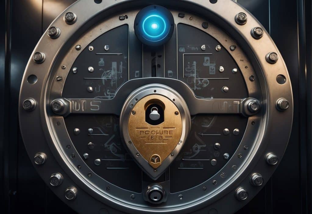 A secure vault with a sturdy lock and advanced security features, surrounded by digital encryption symbols and guarded by a vigilant shield