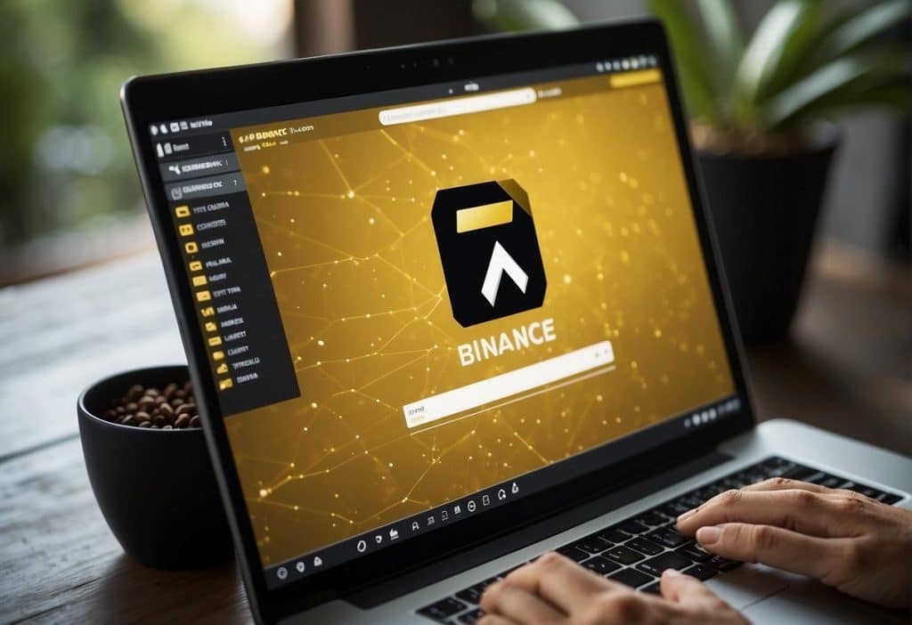 A computer screen displaying the Binance referral link and code, with a cursor hovering over the "share" button