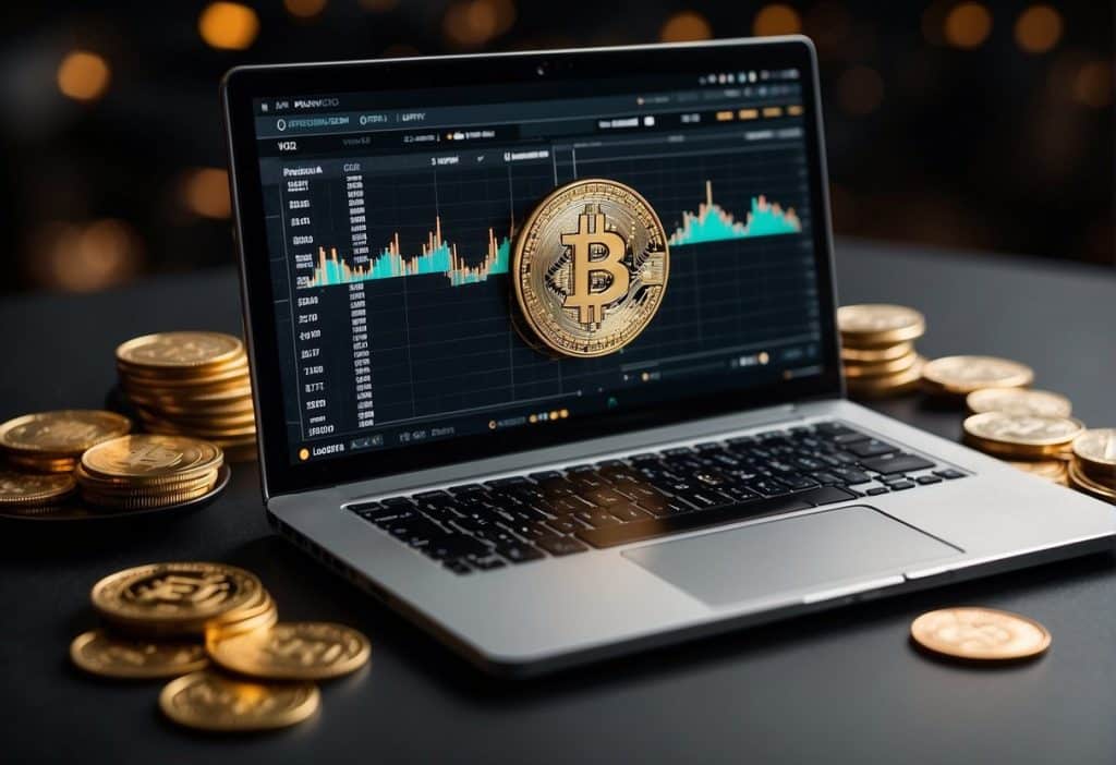 A laptop displaying the Binance website with the referral code "WUPBLUYN" highlighted, surrounded by stacks of cryptocurrency coins and a graph showing increasing profits