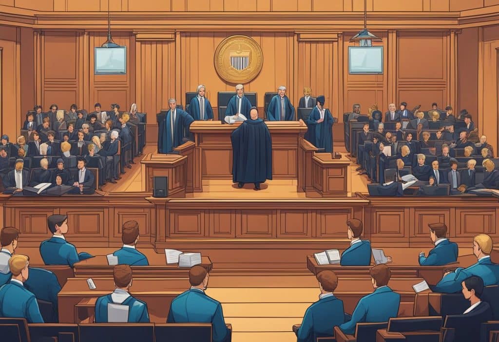 A courtroom with two opposing legal teams presenting arguments and evidence, with a judge presiding over the case. The Coinbase and Crypto.com logos are prominently displayed on each team's podium