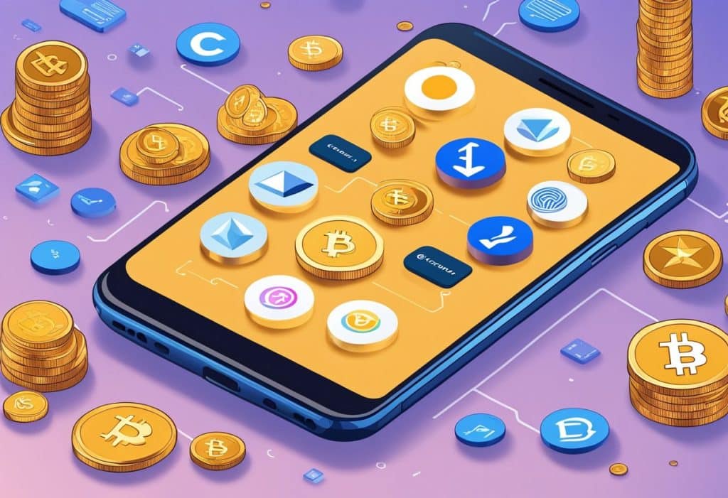 A smartphone displaying the Coinbase app with a referral code highlighted, surrounded by various cryptocurrency logos