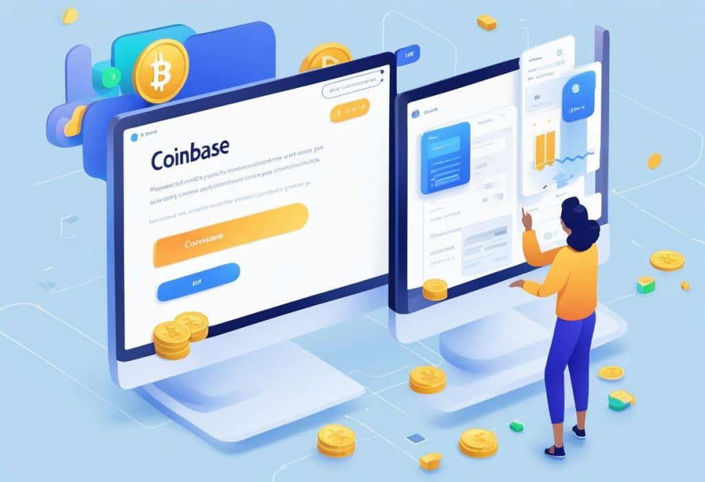 A computer screen displaying the Coinbase referral code input field with a cursor hovering over it, while a user navigates through the advanced features menu