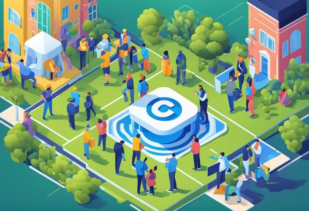 A diverse group of people engaging with Coinbase partners in a community setting