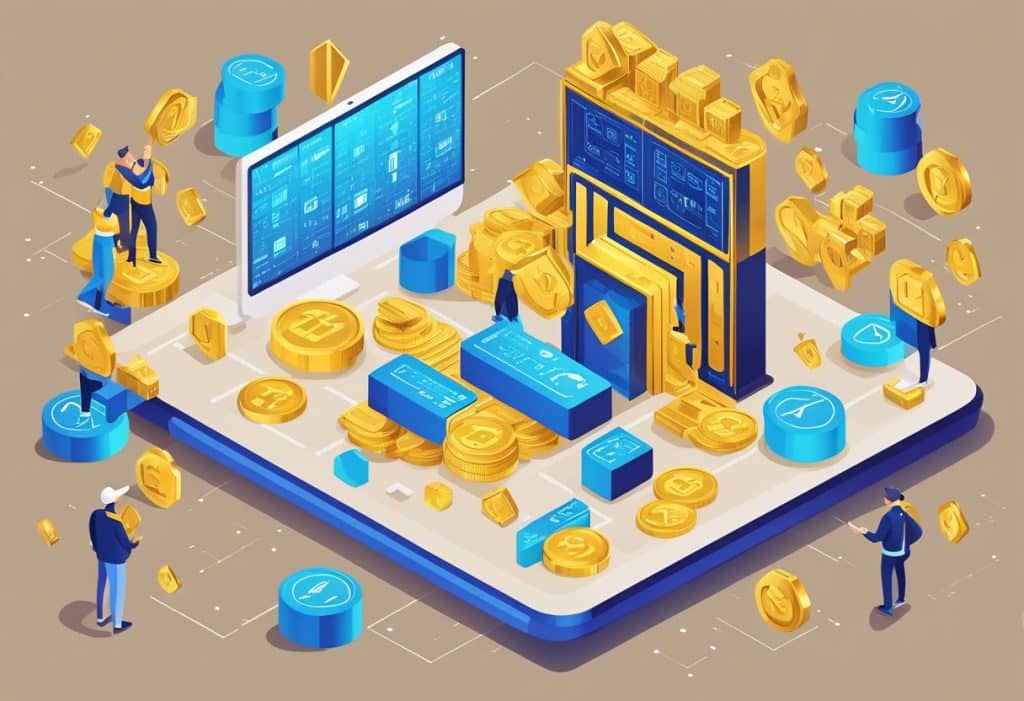 A digital representation of the USDC stablecoin surrounded by blockchain technology symbols and a secure vault, symbolizing stability and security