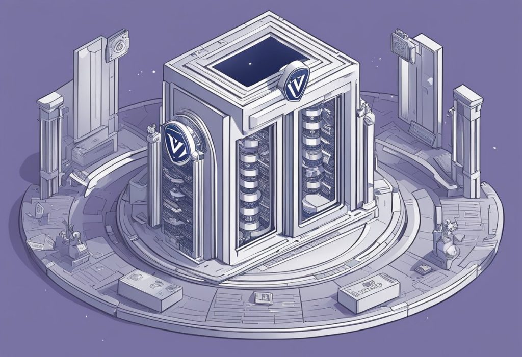 A secure vault with a prominent "Coinbase Commerce" logo, surrounded by a shield symbolizing trust and security