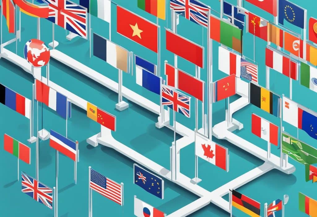 Coinbase logo barred from entering countries, surrounded by red tape and international flags