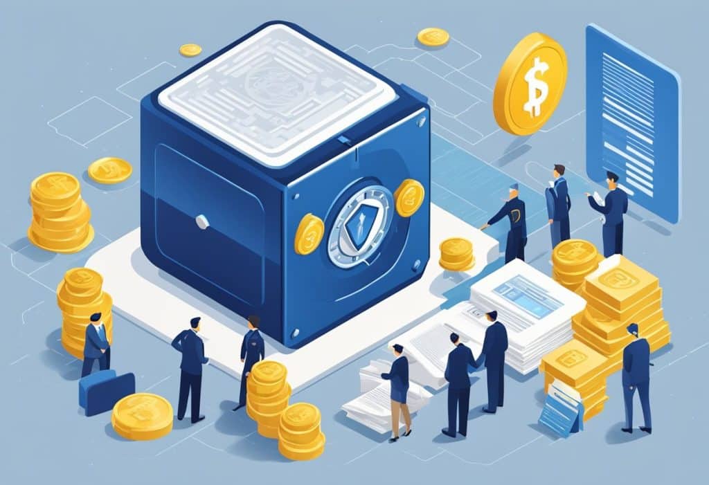 A secure vault with a large Coinbase logo, guarded by security personnel and surrounded by regulatory documents and compliance guidelines
