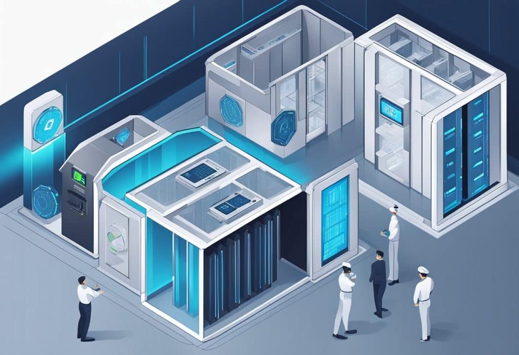 A high-security vault with advanced biometric access and armed guards, protecting the digital assets of Coinbase Prime