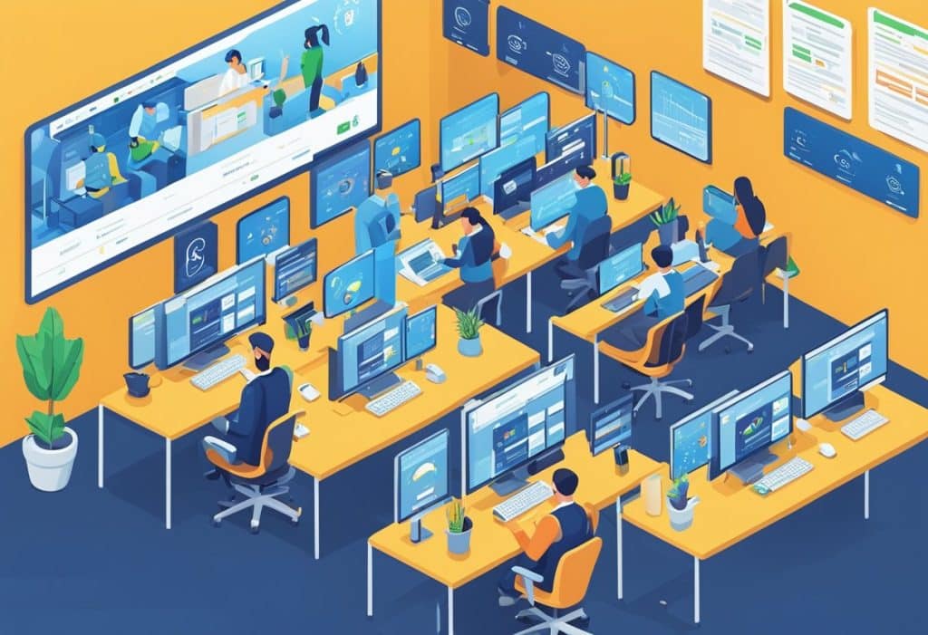 A busy customer support office with agents assisting clients. Coinbase and Bitstamp logos prominently displayed. Phones ringing and computer screens showing live chat conversations