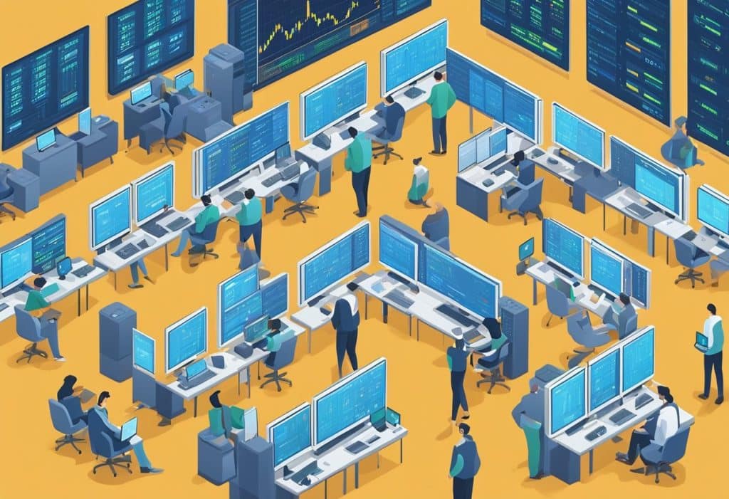 A bustling trading floor with digital screens displaying cryptocurrency prices, traders analyzing data, and a team of professionals managing portfolios at Coinbase Prime