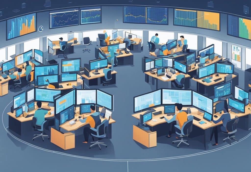 A bustling trading floor with digital screens displaying real-time market data, while traders and analysts work diligently at their desks in the Coinbase Prime office
