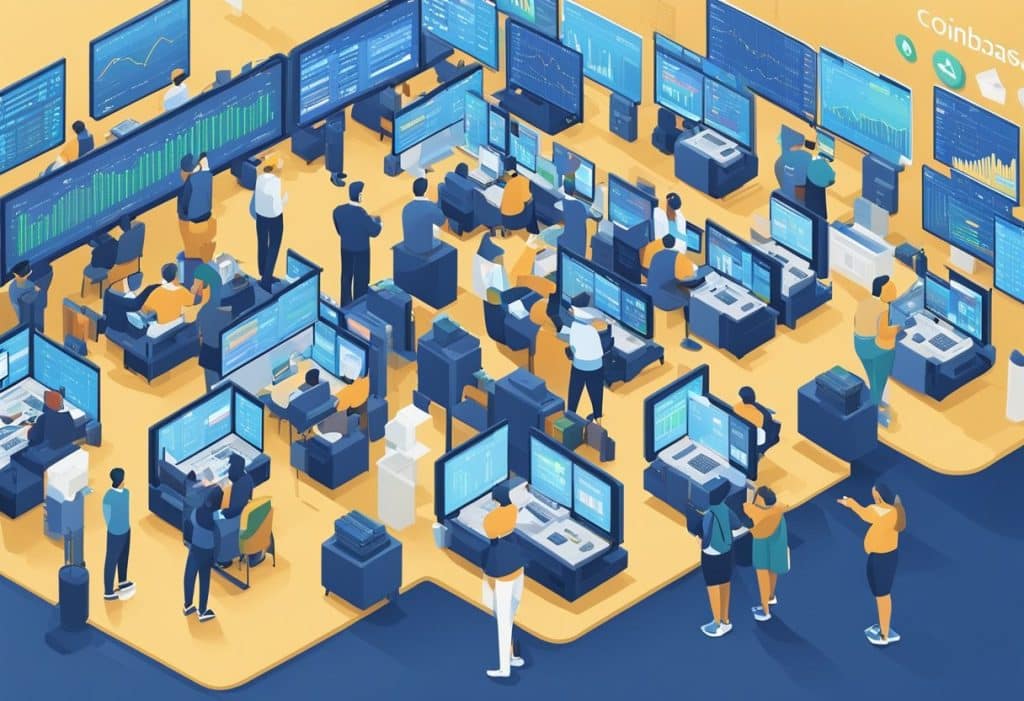 A bustling trading floor on Coinbase Futures, with traders analyzing charts and placing orders, while digital screens display live market data