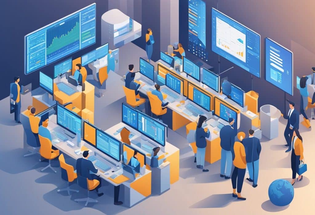 A bustling trading floor with screens displaying real-time market data and a team of professionals providing support and resources to clients at Coinbase Prime