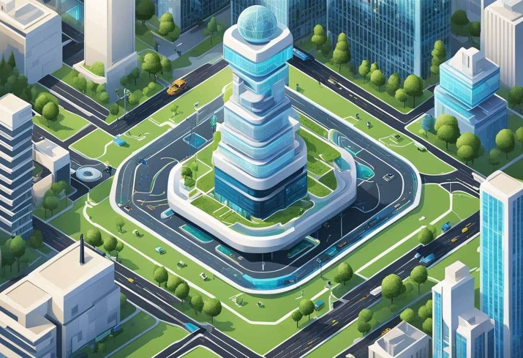 A futuristic cityscape with prominent "Regulation and Compliance Coinbase Futures" signage, surrounded by sleek, modern buildings and bustling with activity