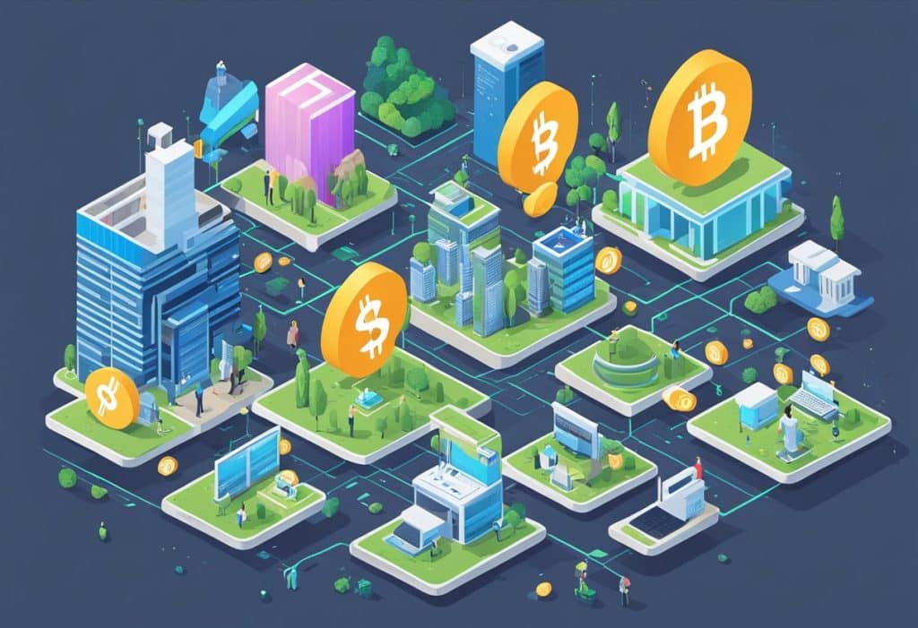 A bustling digital marketplace with various cryptocurrencies and trading options, surrounded by a network of interconnected services and platforms