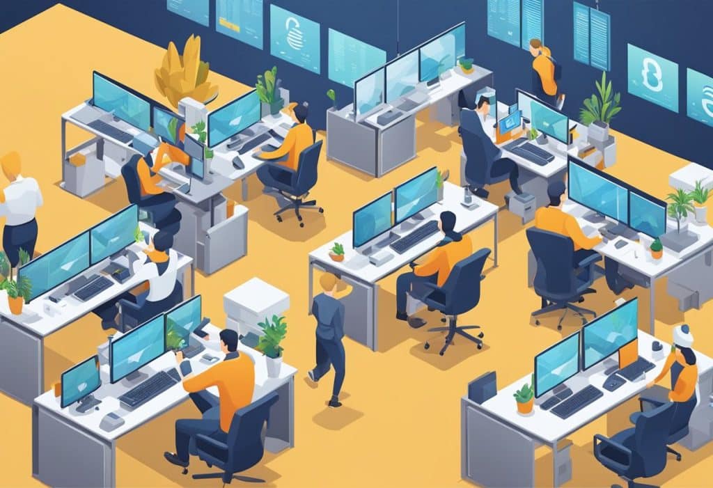 Coinbase employees working at desks in a modern office space with computers and monitors