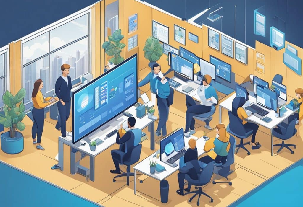 A group of Coinbase employees working in a modern office space, collaborating on projects and discussing ideas. Computer screens and charts are visible