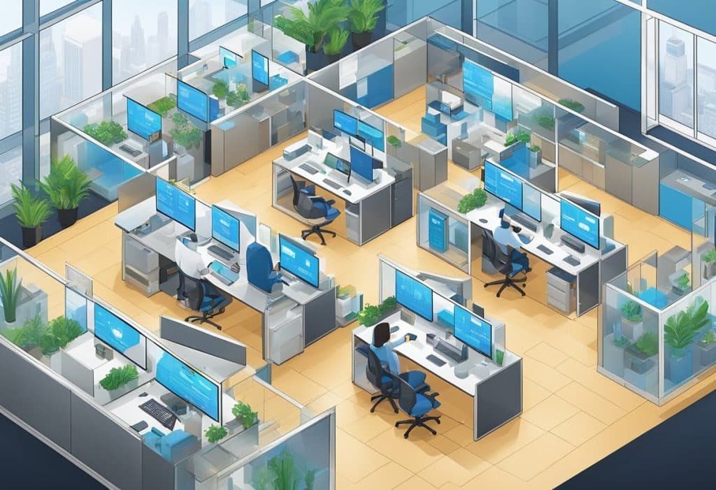 A modern office space with transparent walls and open floor plan, showcasing a digital dashboard displaying real-time governance and transparency data for Coinbase Prime