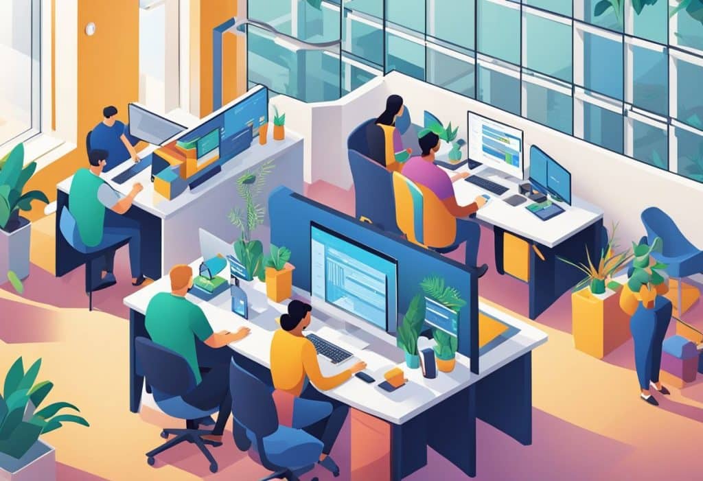 Employees at Coinbase engage in diverse work practices, from collaboration to independent tasks, in a modern office setting with ergonomic workstations and vibrant decor