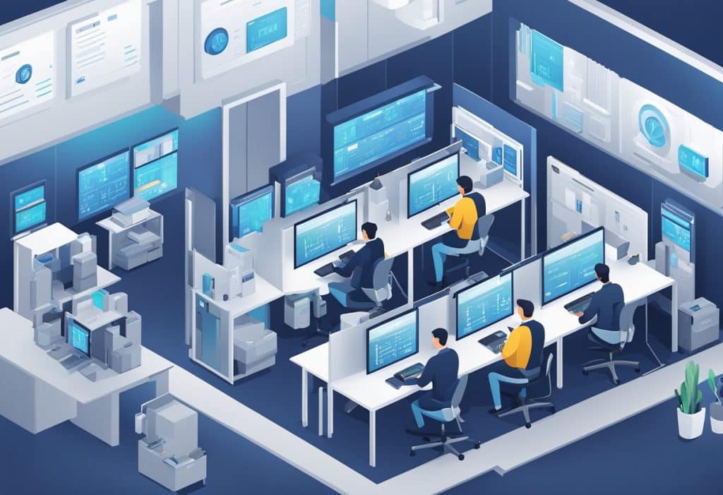 Coinbase employees monitor technology and security systems in a high-tech office setting