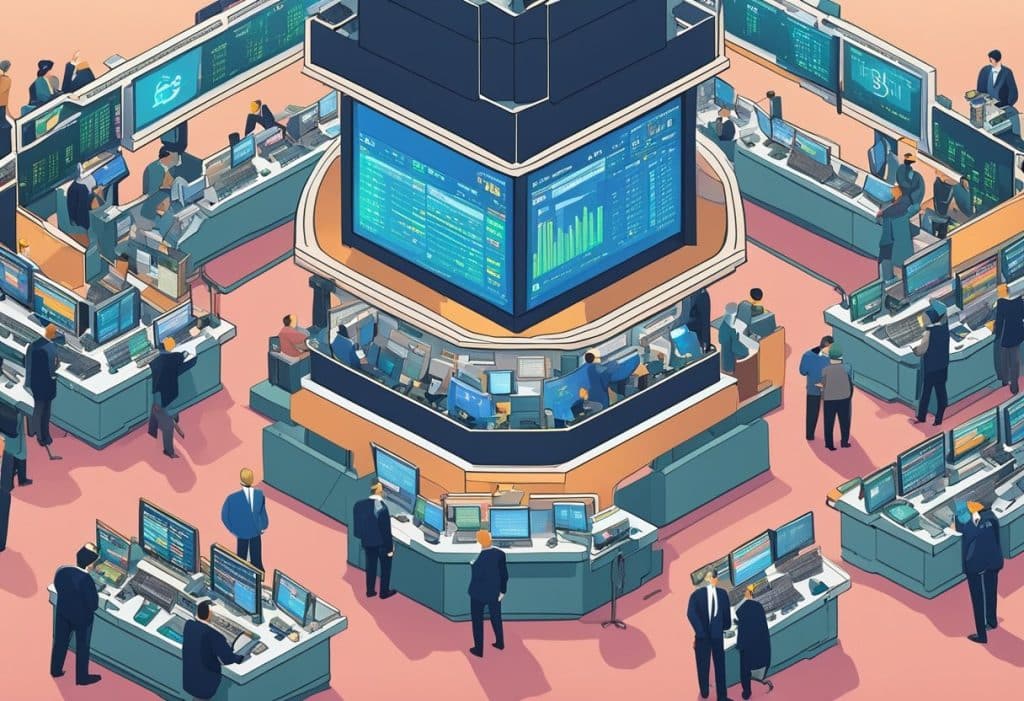 The bustling floor of the New York Stock Exchange, with traders frantically buying and selling cryptocurrencies. Ticker screens display fluctuating prices as a sense of urgency fills the room