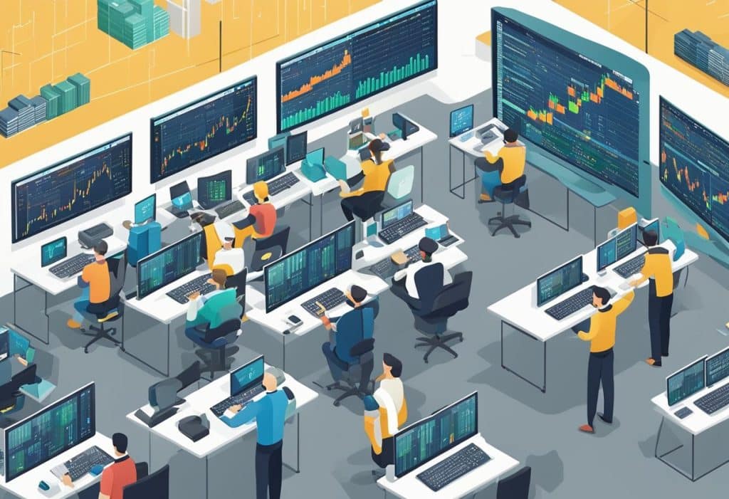A bustling trading floor with digital screens and charts, as traders frantically type on keyboards and shout orders. The atmosphere is intense and fast-paced, with money changing hands in the blink of an eye