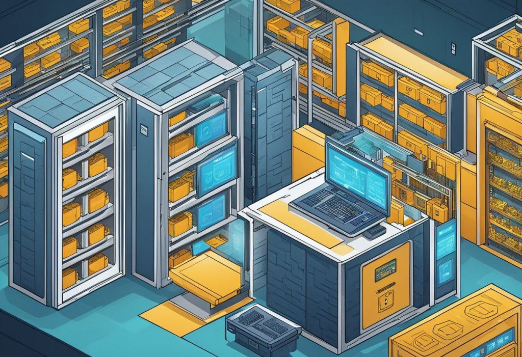 A secure room with multiple layers of protection, including biometric scanners and reinforced walls, holding various cryptocurrencies in cold storage