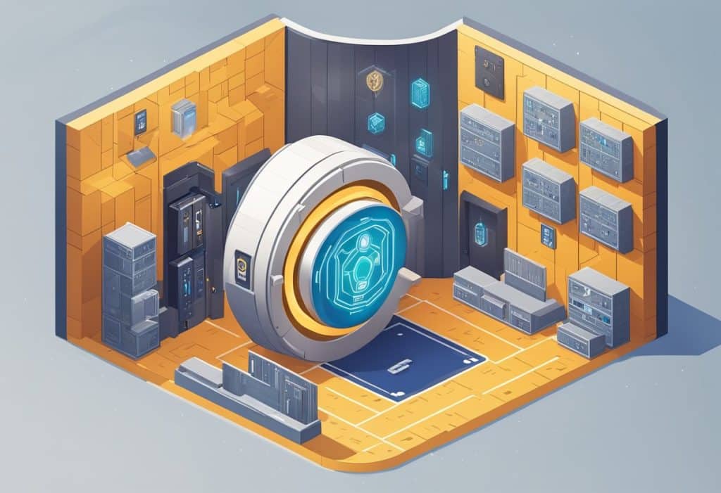 A secure room with a large vault door, multiple layers of security, and cryptocurrency symbols on the walls