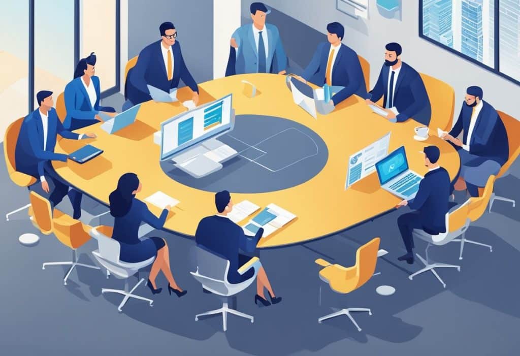 A group of professionals discussing legal and compliance requirements for the Coinbase Affiliate Program in a boardroom setting