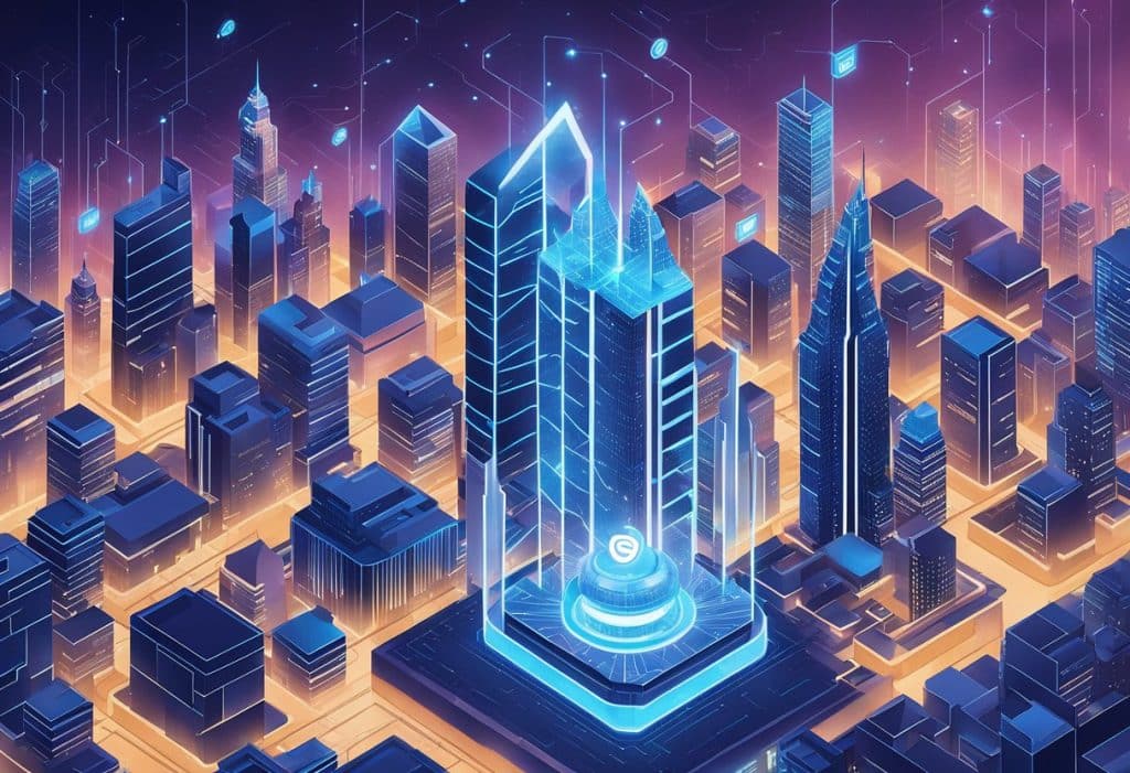 A futuristic city skyline with the Coinbase logo prominently displayed on a high-tech building. A network of digital currency transactions is depicted through glowing lines connecting various points in the city