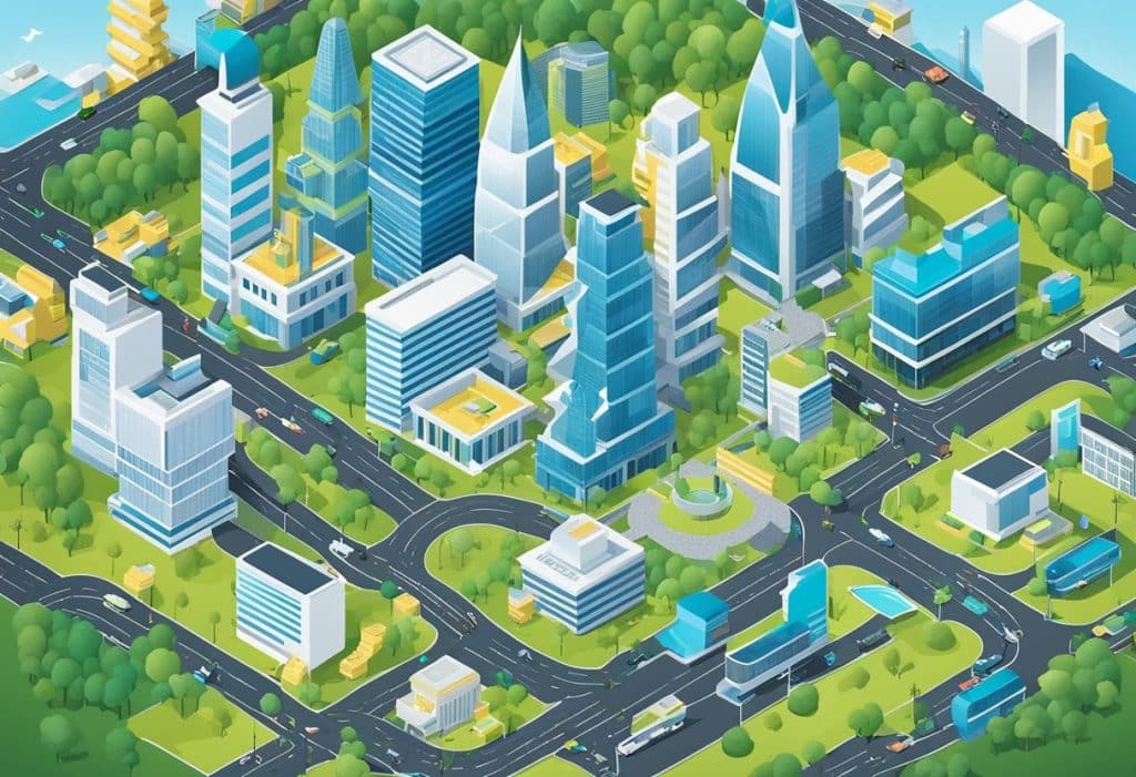 A bustling city skyline with a mix of traditional financial institutions and modern tech companies, symbolizing the challenges and opportunities in Coinbase's business model