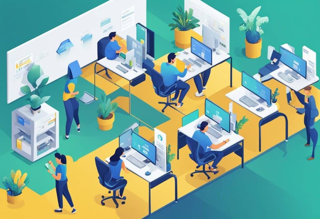 A bustling office with employees answering phone calls and responding to emails, while others work on computers, creating content for the Coinbase FAQ page