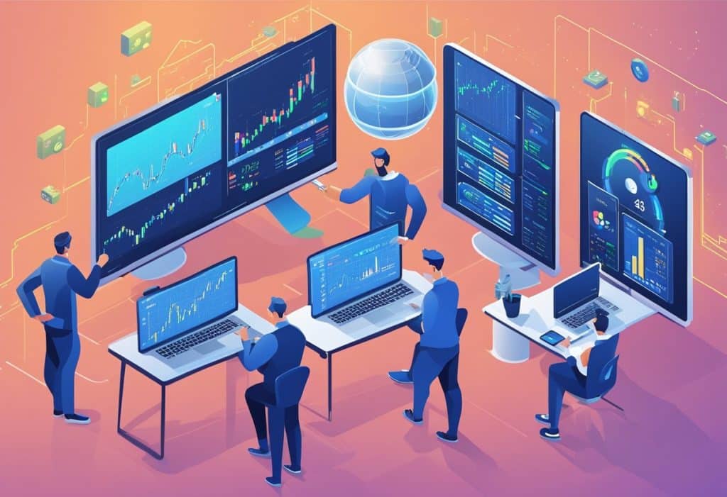 Coinbase trading bots analyze market data, making rapid buy and sell decisions. Multiple screens display charts and graphs, while the bots execute trades with lightning speed